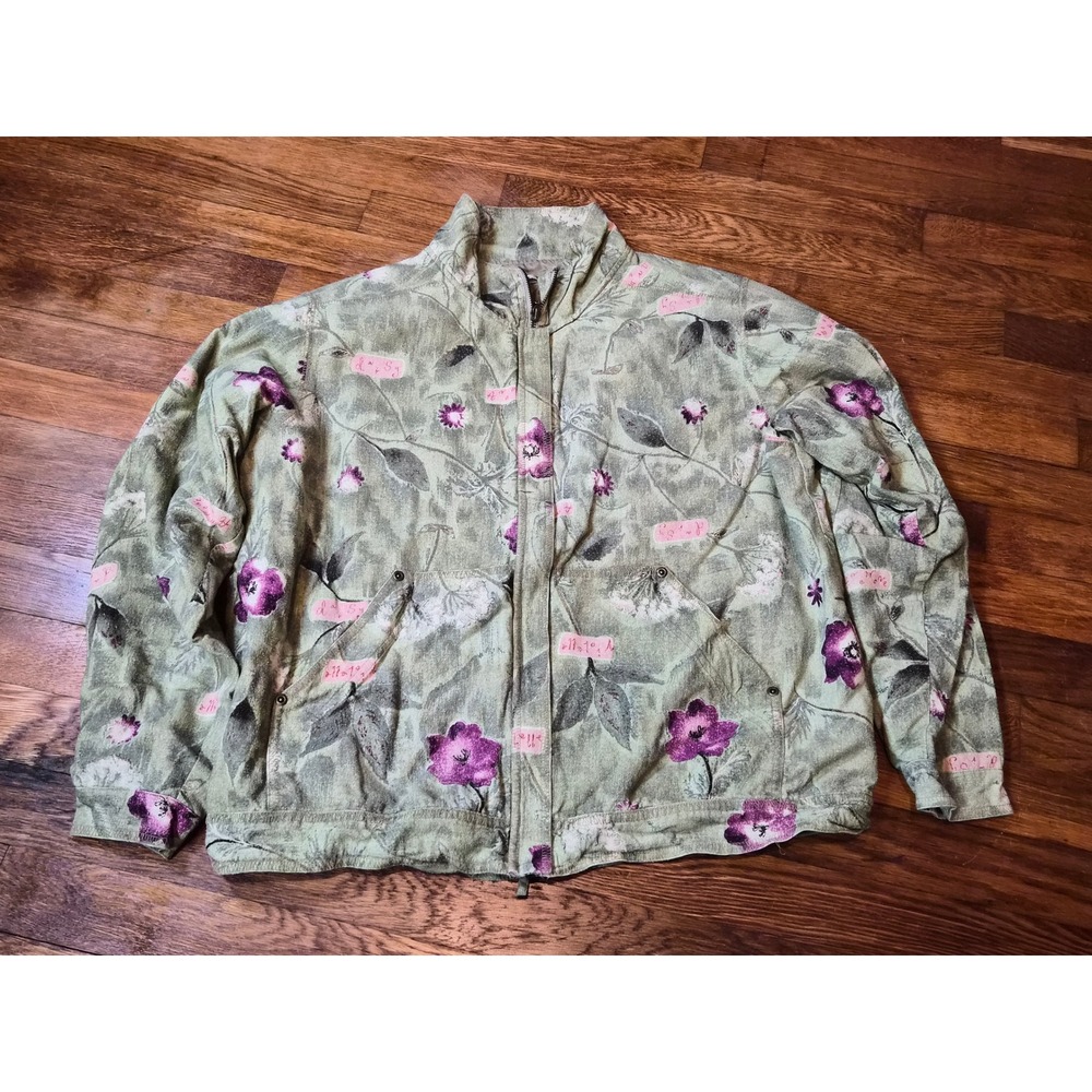 TVB Floral Linen Blend Zip Up Jacket Sage Green Purple Cottagecore Boho Large